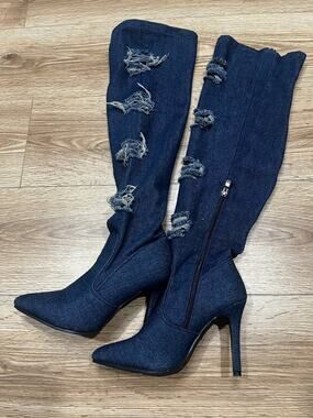 Forever Womens Knee High Boots Size 6 Blue Distressed Zipper Pointed Toe (A00)